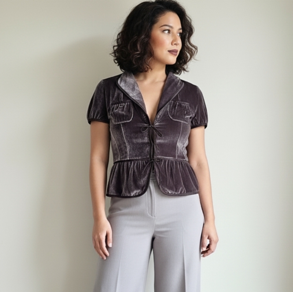NWT Banana Republic Velvet Peplum Blouse Tie Front V Neck*Grey Brown Sz4